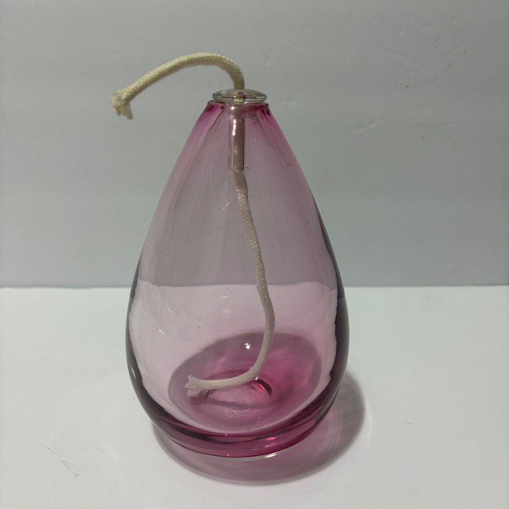 Glass Oil Lamp Pink Teardrop Shaped Wick Holder Tabletop Decor